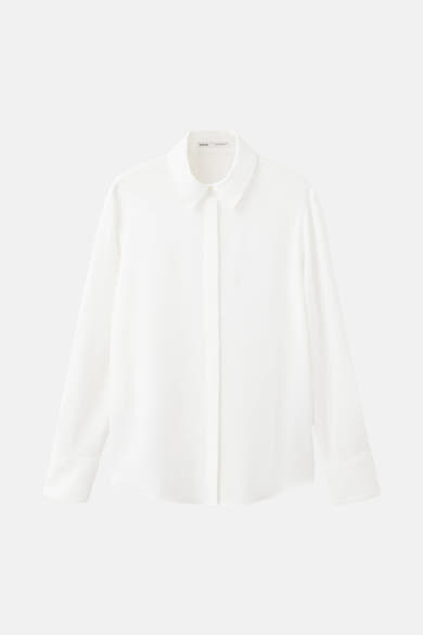 White long-sleeve blouse by MNG, classic collar, front button closure, smooth fabric, front view