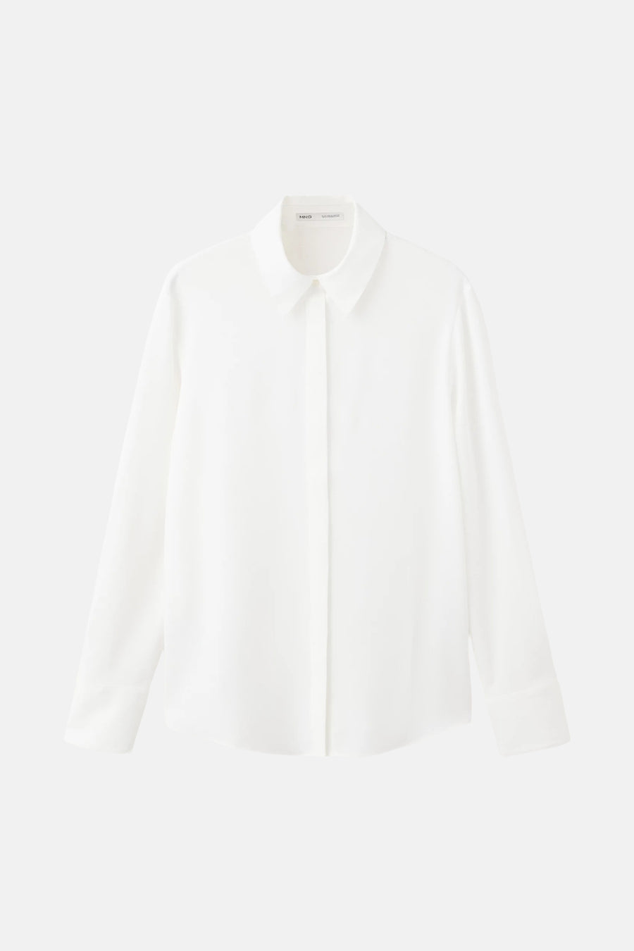 White long-sleeve blouse by MNG, classic collar, front button closure, smooth fabric, front view