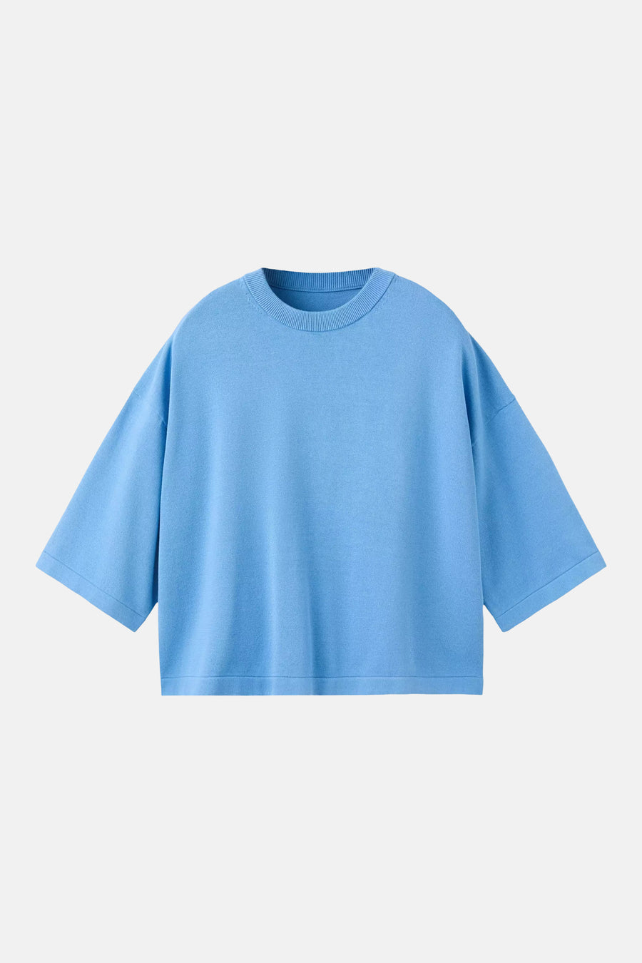 Blue short-sleeve knit sweater with ribbed crew neckline and relaxed fit, front view