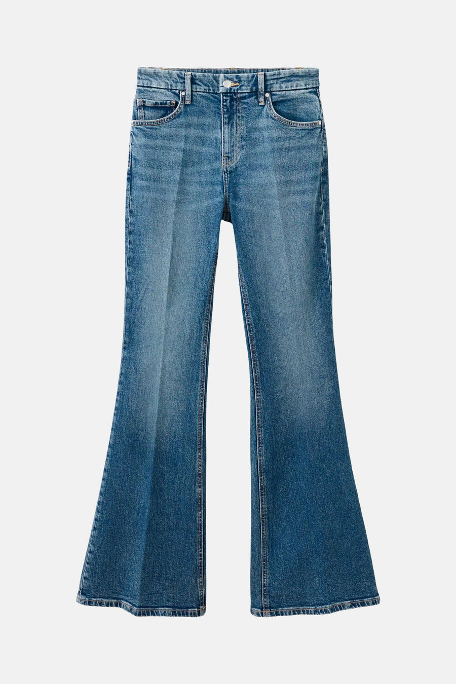 Mid blue flared jeans with faded wash and classic five-pocket design, front view