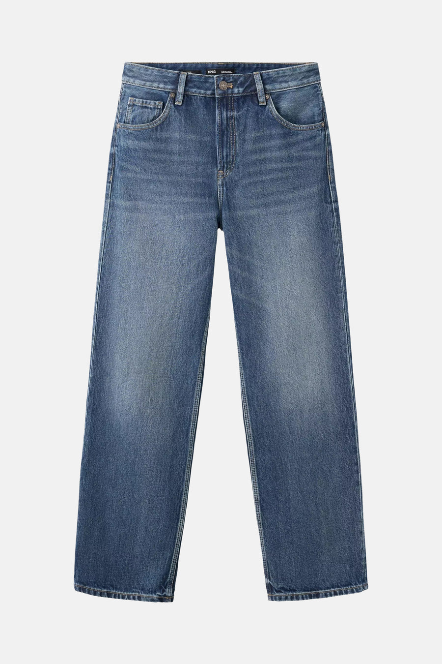 Dark blue straight-leg jeans by MNG with faded wash and classic five-pocket design, front view