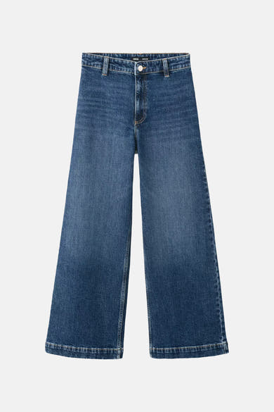 Dark blue wide-leg denim jeans by MNG, featuring a classic five-pocket design and subtle fading, front view.
