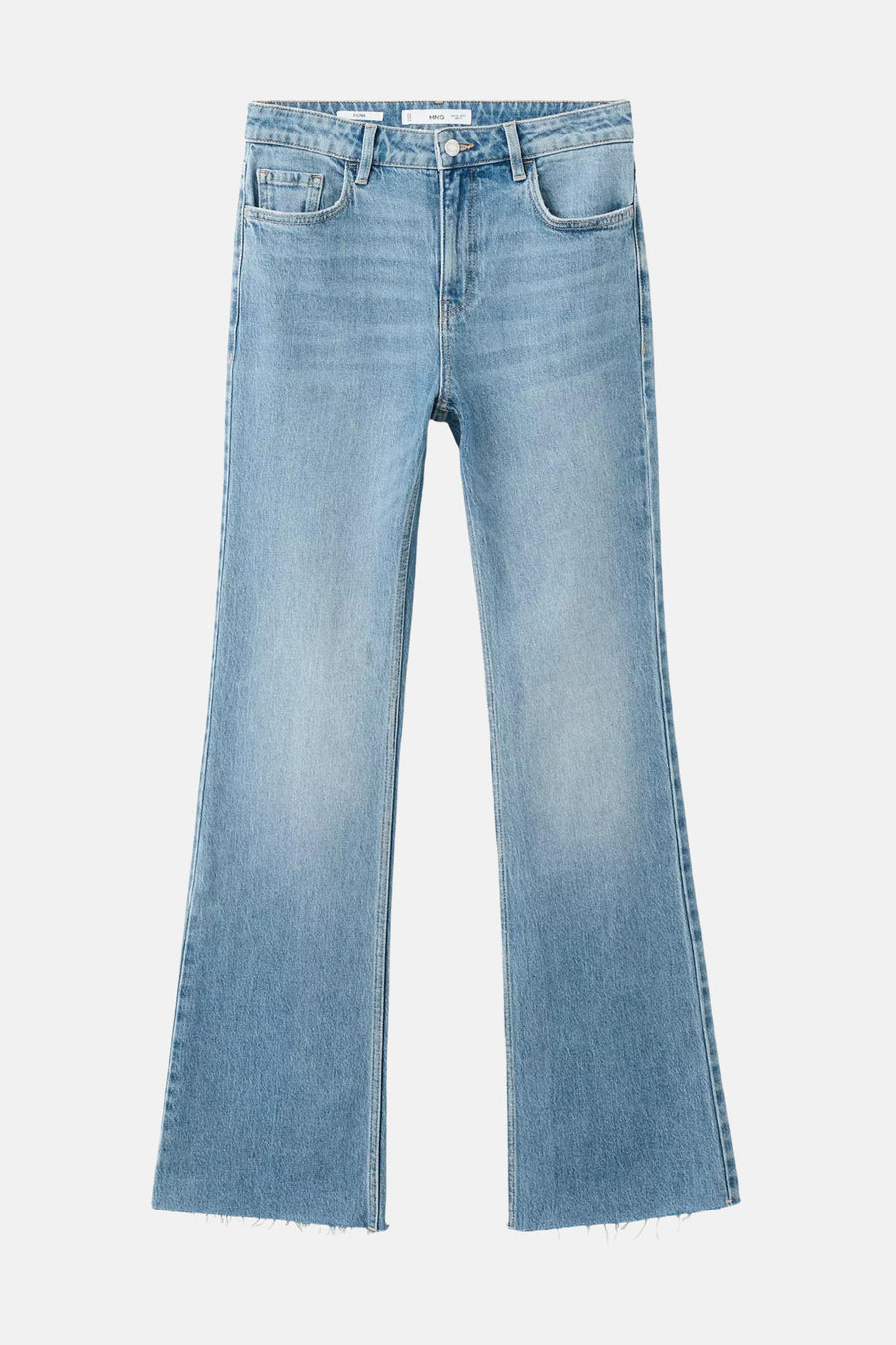 Light blue flared jeans by MNG with frayed hem, front view, classic five-pocket design, distressed wash texture