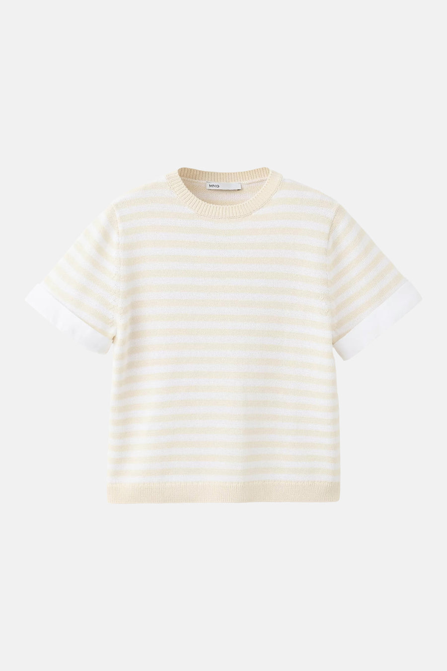 Ecru short-sleeve striped knit top by MNG, featuring white horizontal stripes and ribbed crew neckline, front view