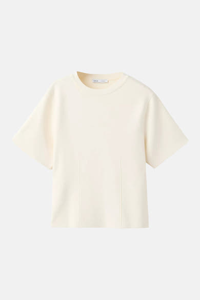 Ecru short-sleeve knit top by MNG with round neckline and front seam detailing, front view