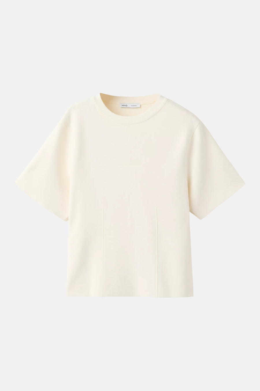 Ecru short-sleeve knit top by MNG with round neckline and front seam detailing, front view