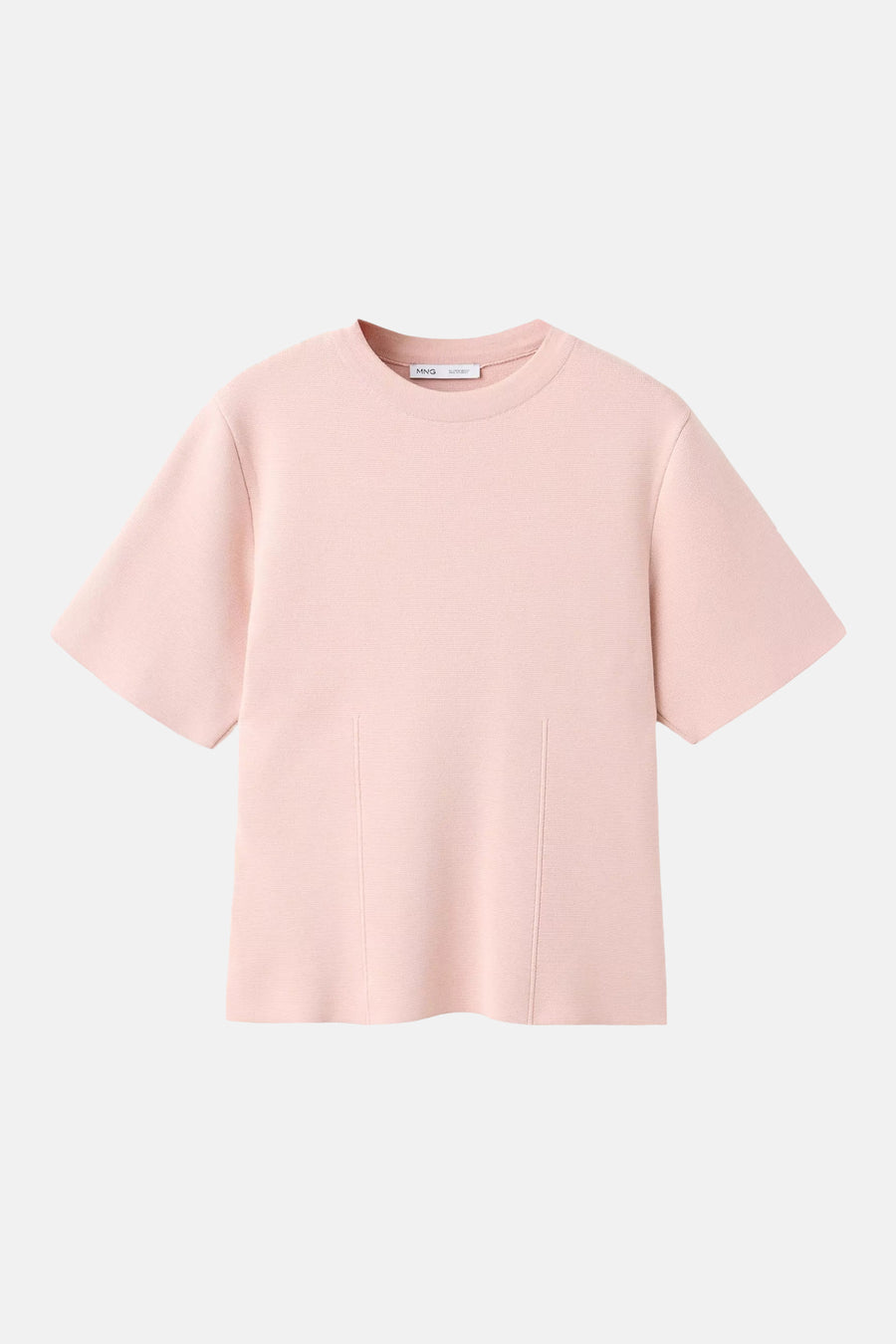 Soft pink short-sleeve knit top by MNG with ribbed texture and front seam detailing, front view