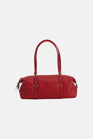 Red textured leather shoulder bag with gold-tone hardware and dual top handles, front view