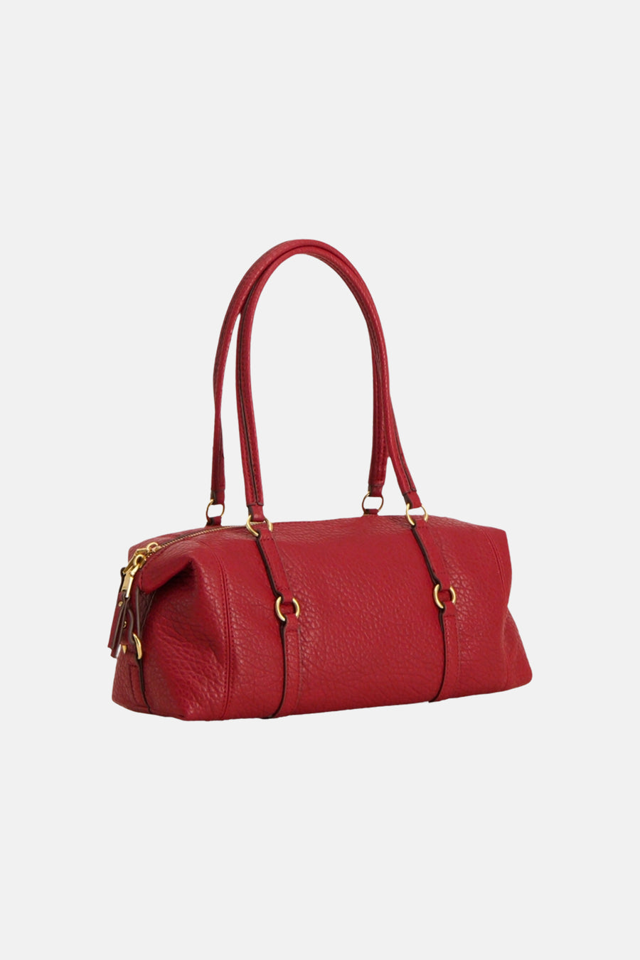 Red textured leather shoulder bag with gold-tone hardware and dual top handles, front view