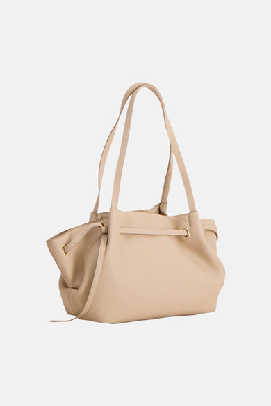 Beige textured leather shoulder bag with gold-tone hardware and adjustable strap, front view