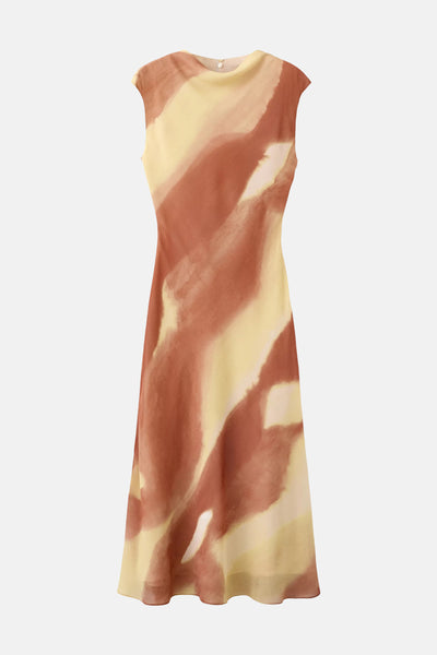 Multicolored sleeveless dress with abstract watercolor pattern by MANGO, featuring a high neckline and flowing silhouette in warm terracotta and cream tones.