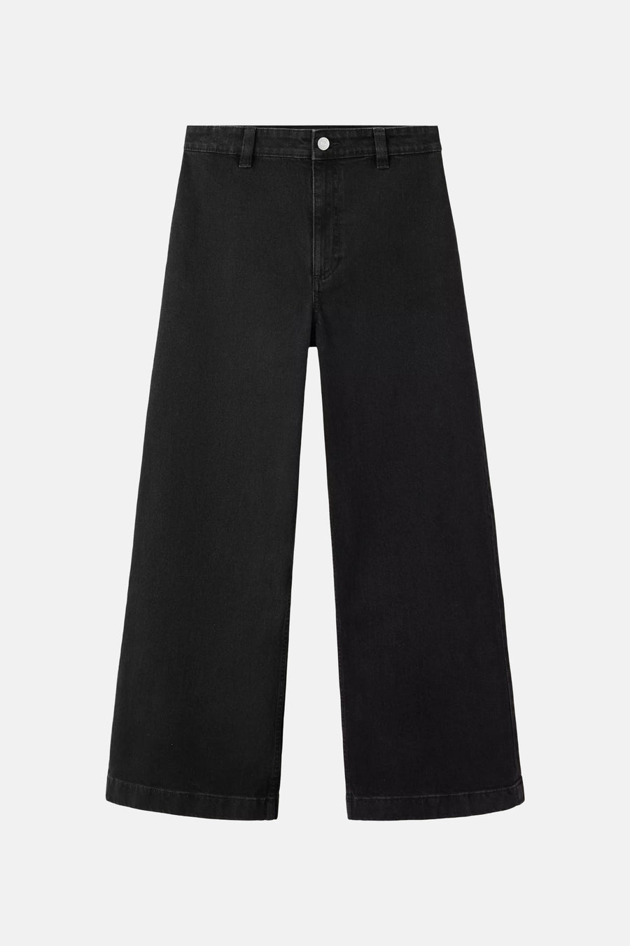 Black wide-leg denim jeans by CATHERIN, front view, straight fit with clean hem and silver button closure