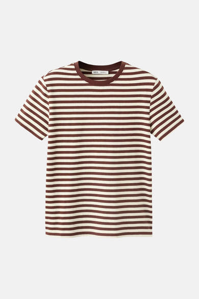 Multicolored short-sleeve striped T-shirt by MNG, featuring horizontal brown and cream stripes, round neckline, front view.