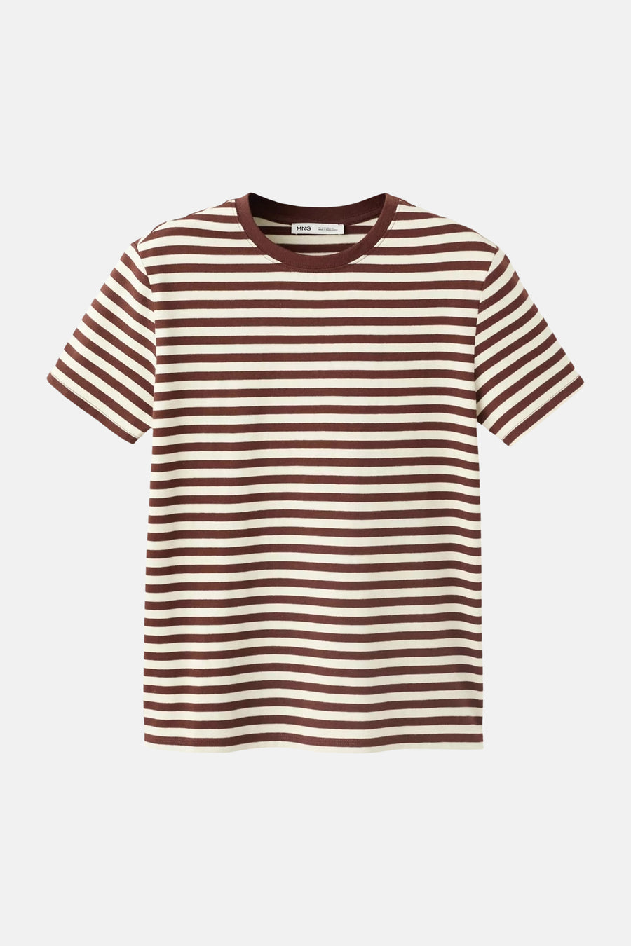 Multicolored short-sleeve striped T-shirt by MNG, featuring horizontal brown and cream stripes, round neckline, front view.