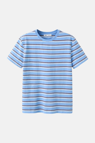Multicolored short-sleeve t-shirt with blue base and brown-white horizontal stripes by MNG, front view, relaxed fit