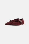 Bordeaux suede ballerinas with silver buckle strap, pointed toe, flat sole, front view
