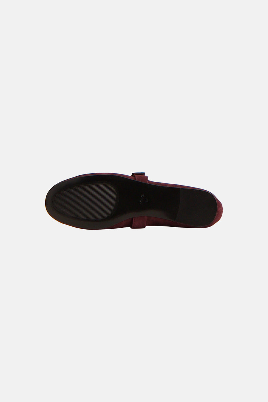 Bordeaux suede ballerina shoe from above, featuring a black sole with textured grip and a single strap across the instep.