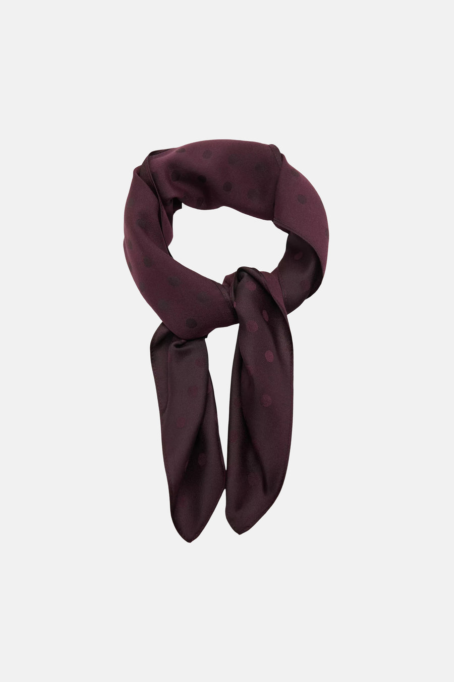 Bordeaux foulard with polka dot pattern by MANGO, shown tied in a knot, smooth satin texture, front view