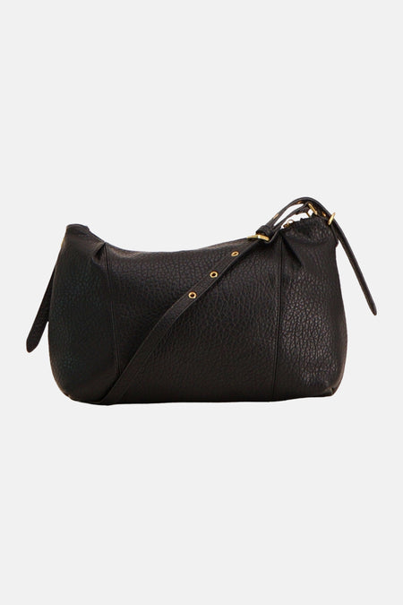 Black textured leather crossbody bag with gold-tone hardware and adjustable strap, front view