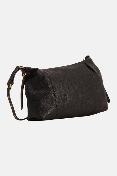 Black textured leather crossbody bag with gold-tone hardware, side view