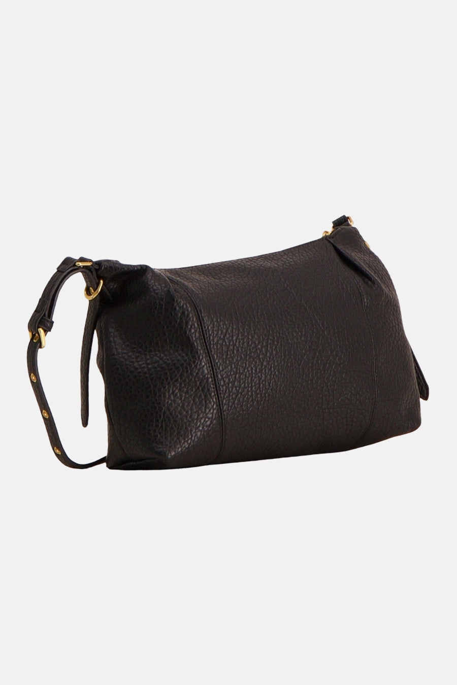 Black textured leather crossbody bag with gold-tone hardware, side view