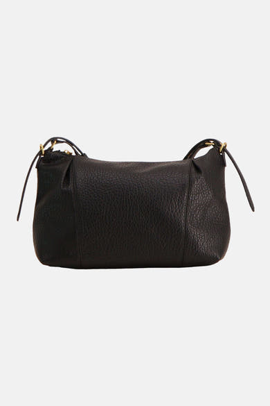 Black textured leather crossbody bag with gold-tone hardware and adjustable strap, front view