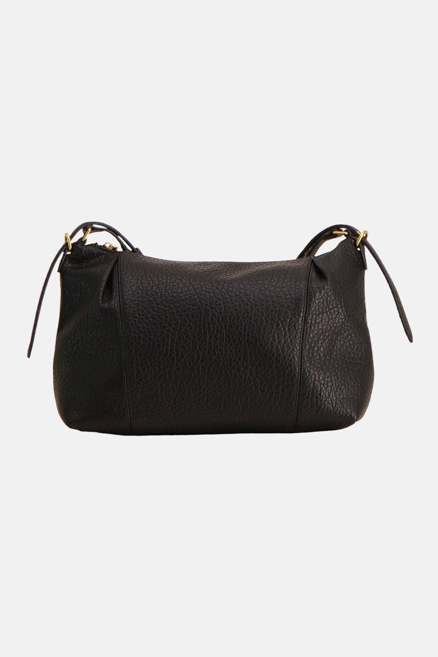 Black textured leather crossbody bag with gold-tone hardware and adjustable strap, front view