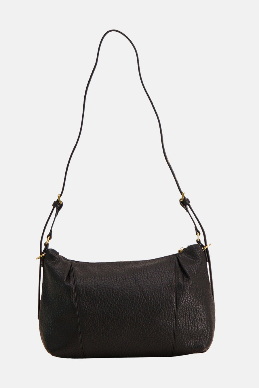 Black textured leather crossbody bag with gold-tone hardware and adjustable strap, front view