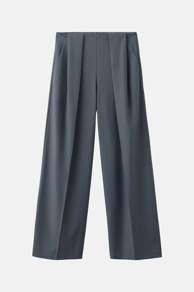 Grey formal trousers with front pleats and wide leg, front view, smooth fabric texture