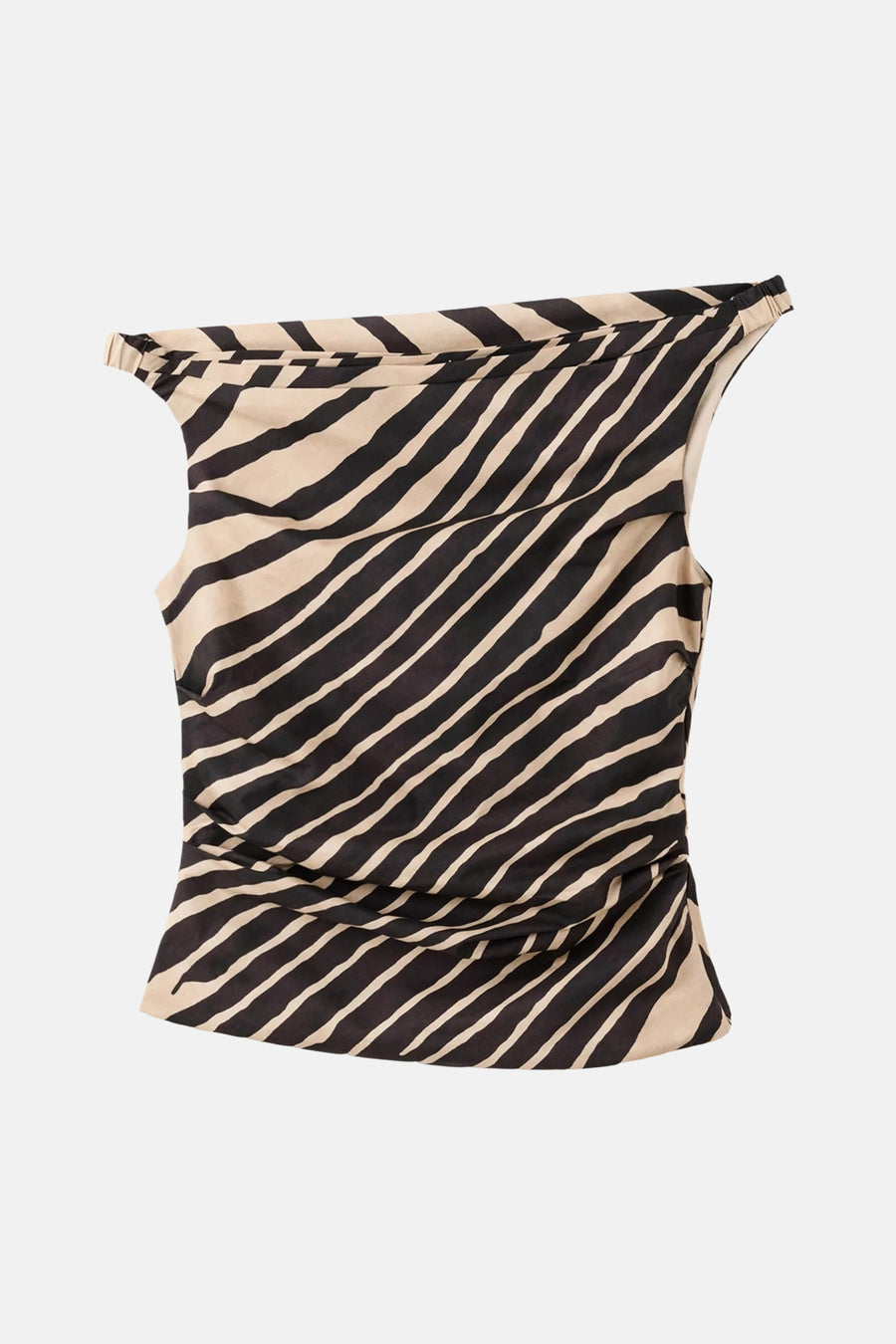Multicolored sleeveless blouse with diagonal black and beige stripes, front view, gathered waist detail