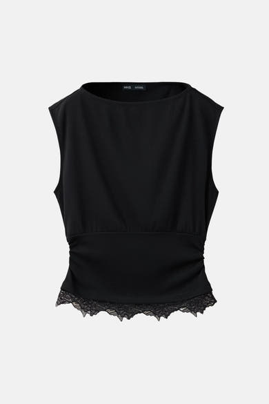 Black sleeveless top with lace trim hem by MNG, featuring a round neckline and gathered waist, front view.