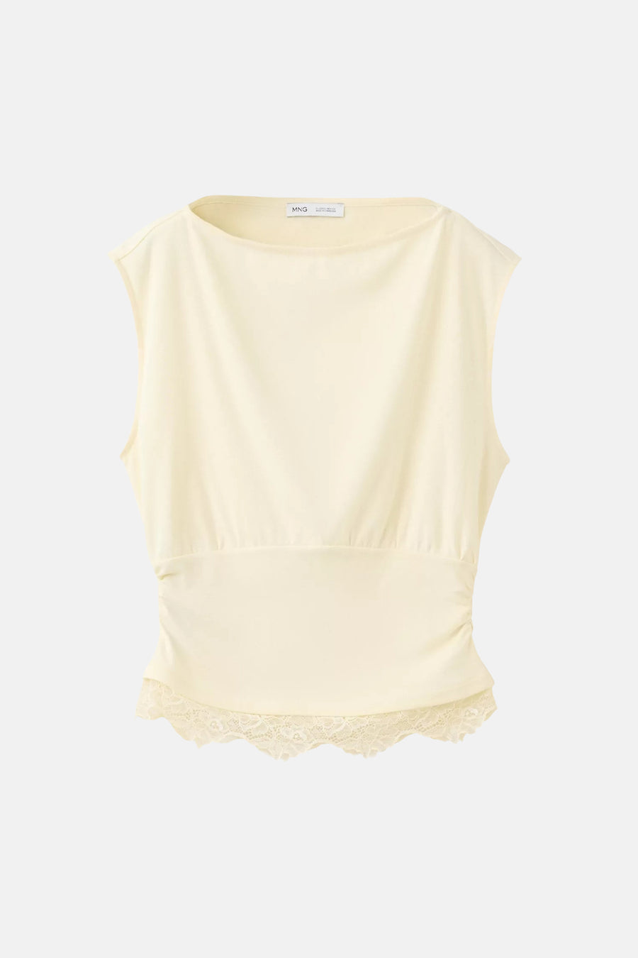 Écru sleeveless top by MNG with lace trim hem and gathered waist, front view