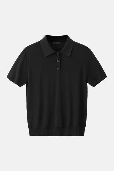 Black short-sleeve polo shirt by MNG, front view with ribbed collar and three-button placket, smooth knit fabric.