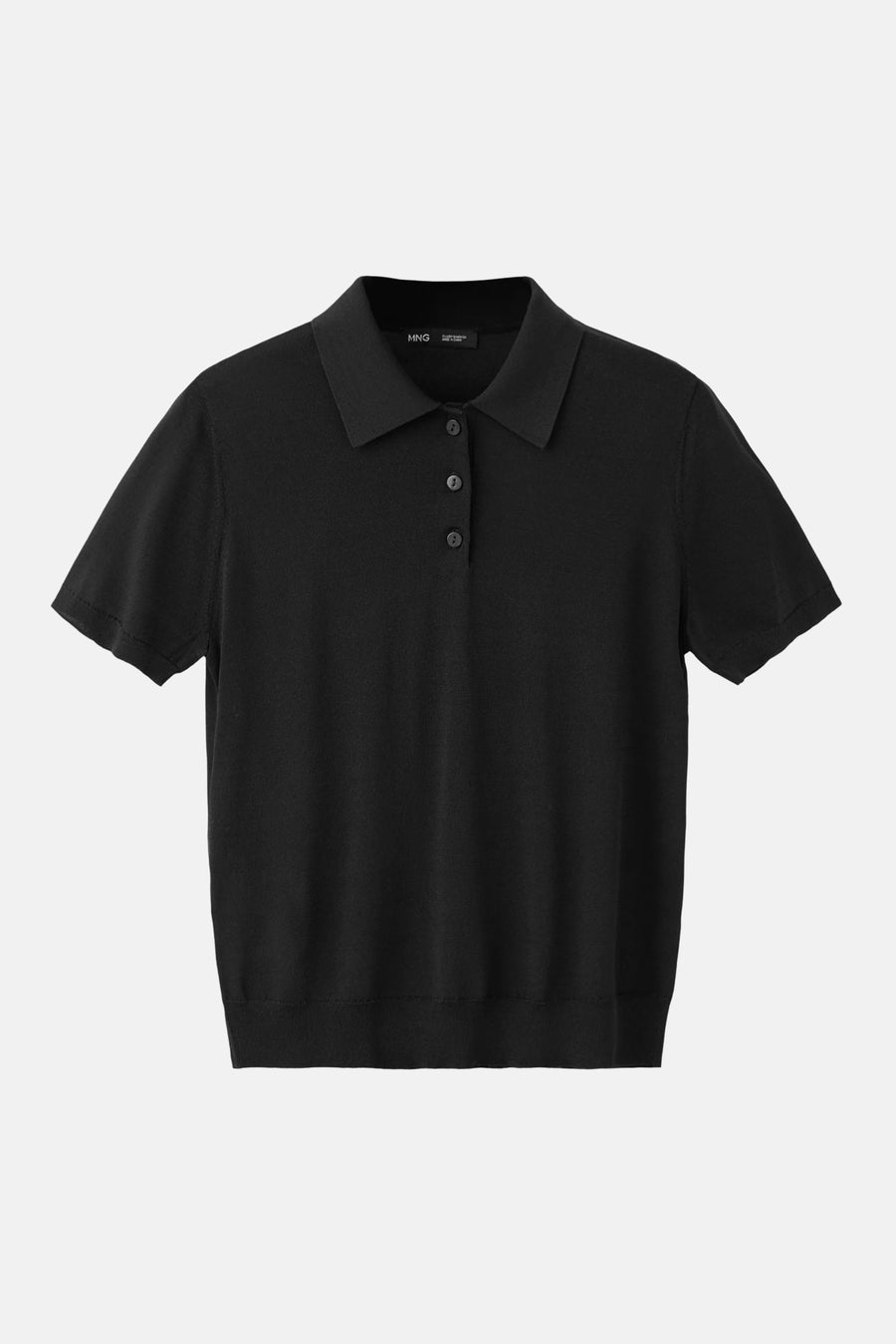 Black short-sleeve polo shirt by MNG, front view with ribbed collar and three-button placket, smooth knit fabric.