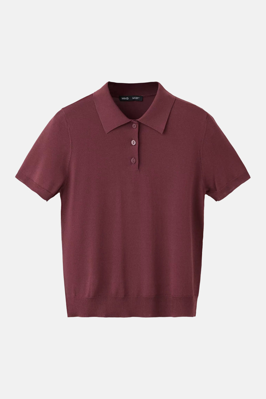 Bordeaux short-sleeve polo by MNG, featuring a classic collar, three-button placket, and ribbed hem in soft knit fabric, front view.