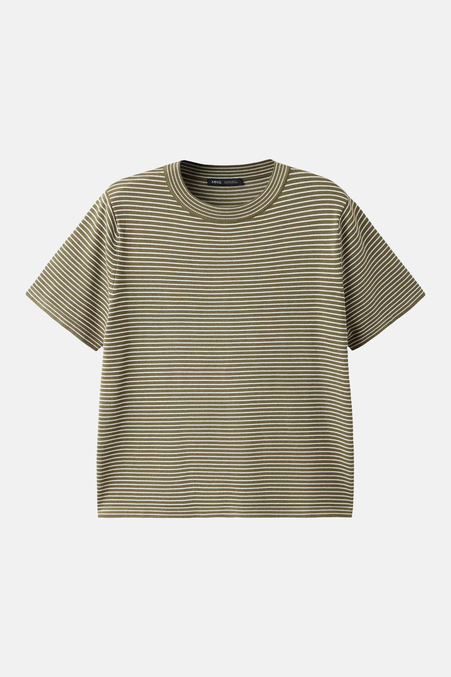 Kaki short-sleeve striped knit top by MNG, featuring fine white horizontal stripes and a ribbed crew neckline, front view