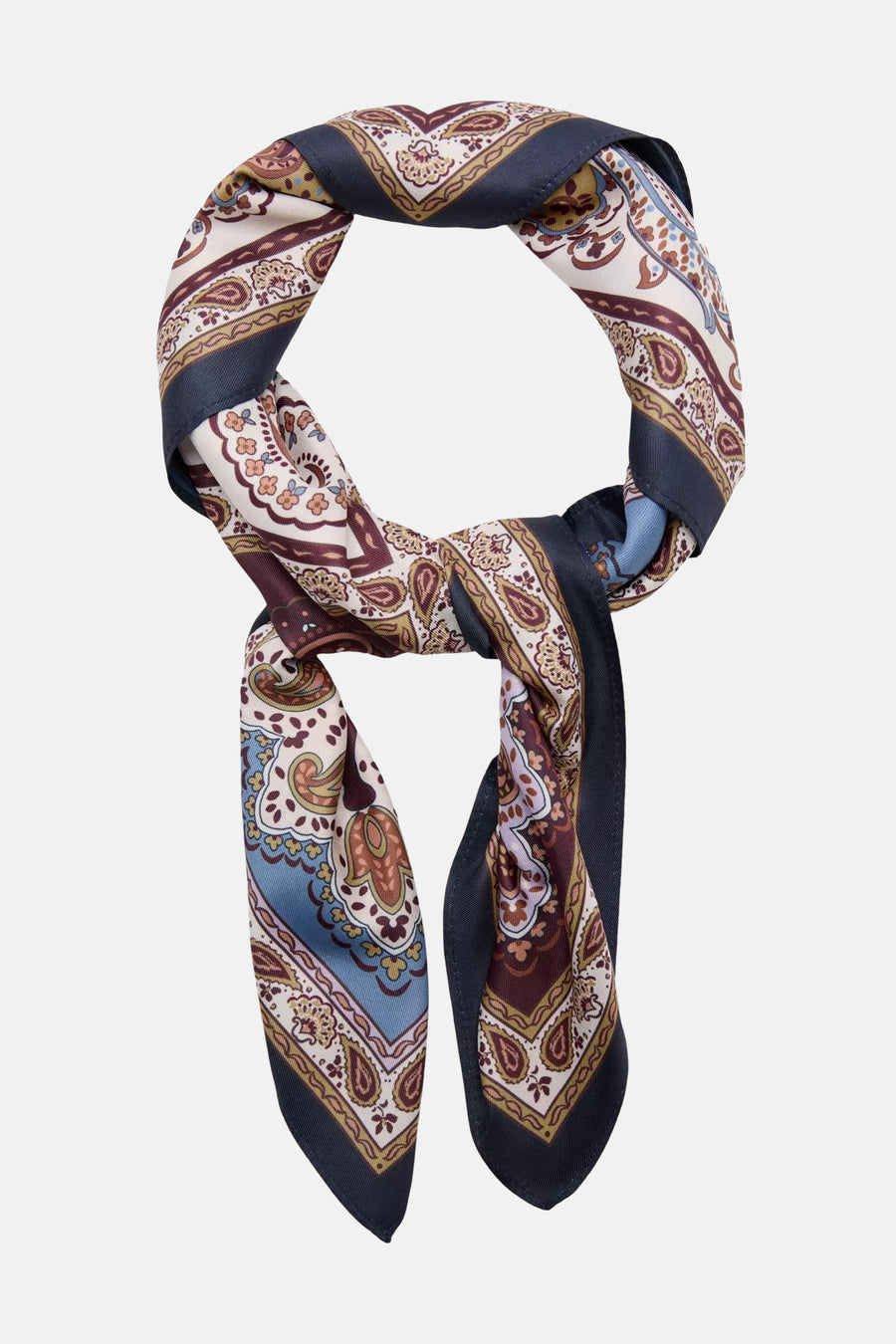Foulard multicolore à motifs paisley et bordure marine par MANGO, tissu soyeux, vue frontale