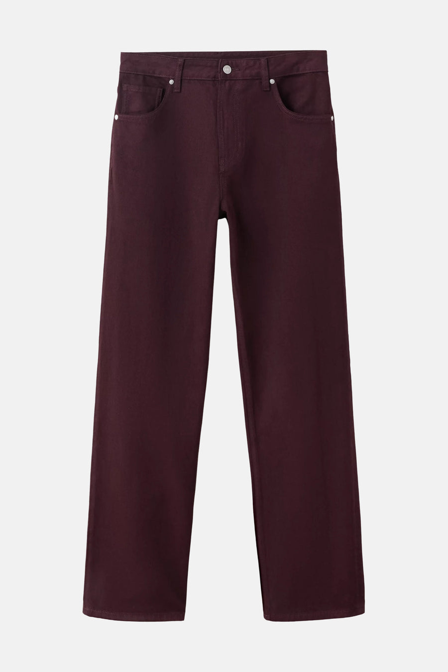 Bordeaux five-pocket women's seasonal pants with straight fit and front view, solid color denim texture