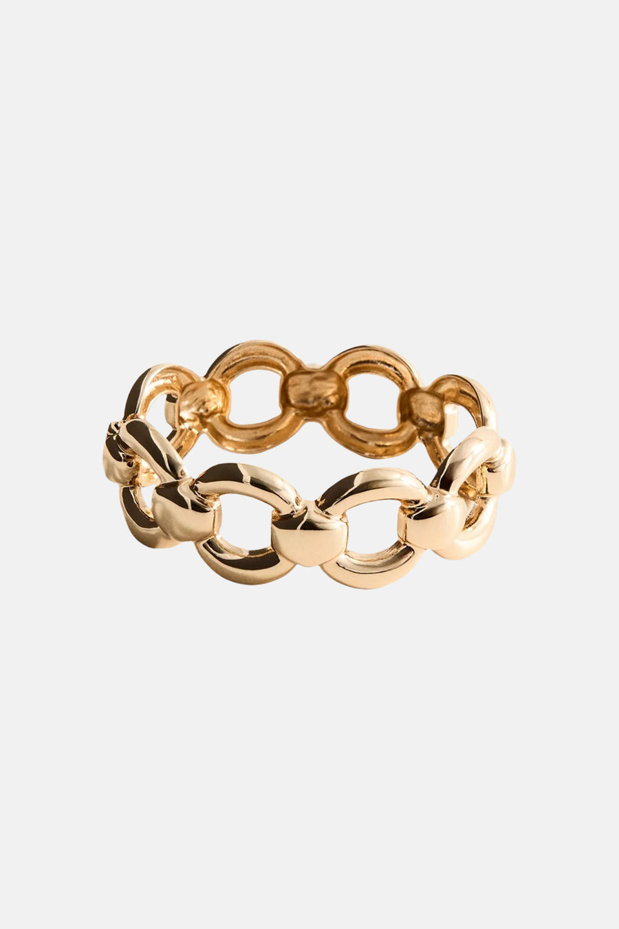 Gold-toned chain-link bracelet with polished oval links and interlocking design, shown in front view.