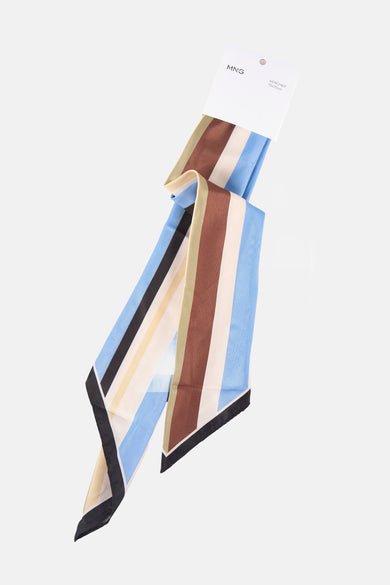 Multicolored striped foulard by MNG with blue, brown, beige, and black vertical bands, featuring a sleek satin finish and black border, displayed on white background.