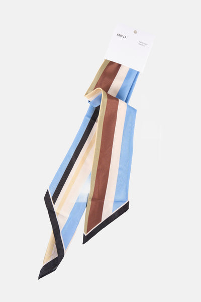 Multicolored striped foulard by MNG with blue, brown, beige, and black vertical bands, featuring a sleek satin finish and black border, displayed on white background.