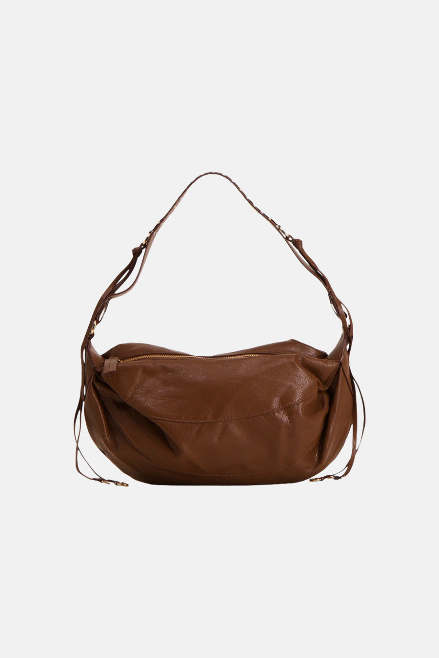 Brown leather shoulder bag with textured surface and adjustable strap, front view