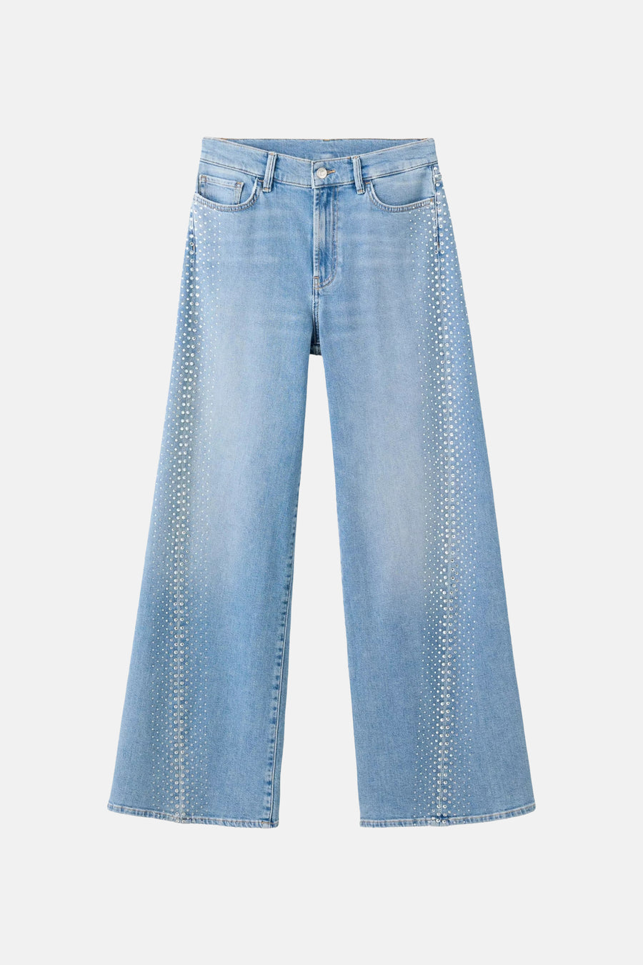 Light blue wide-leg denim jeans with studded side detailing, front view
