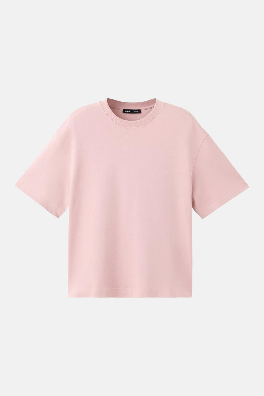Soft pink short-sleeve t-shirt by MNG, featuring a classic round neckline and smooth cotton texture, front view.
