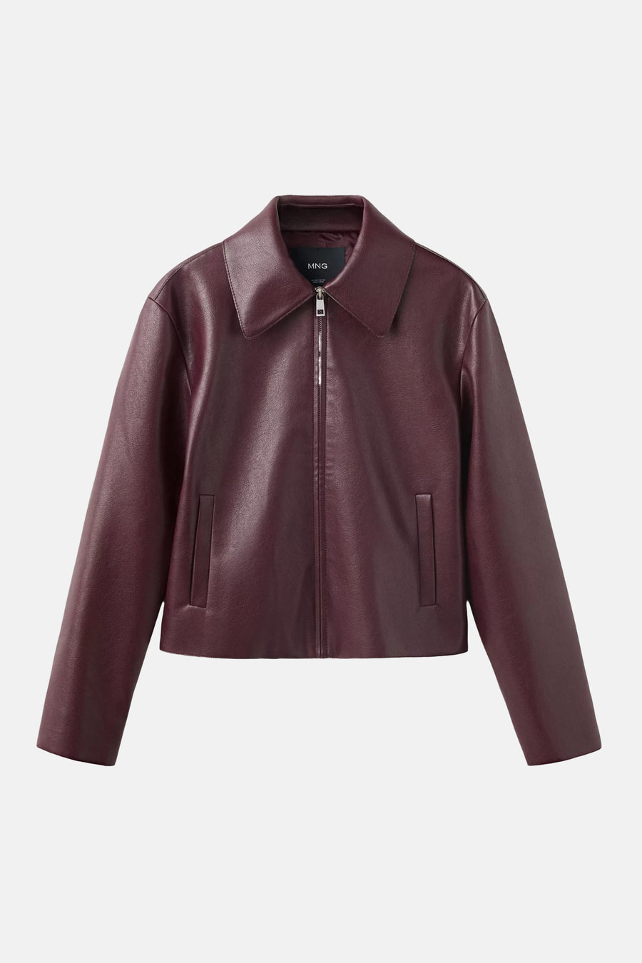 Bordeaux leather jacket by MNG with front zipper and side pockets, shown in front view