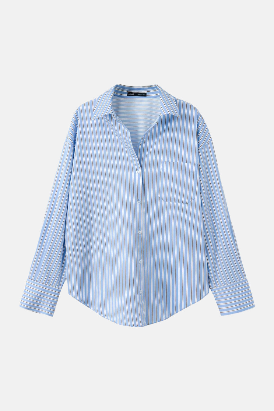 Light blue long-sleeve striped blouse by MNG with white and navy vertical stripes, front button closure, chest pocket, and cuffed sleeves, shown flat front view.