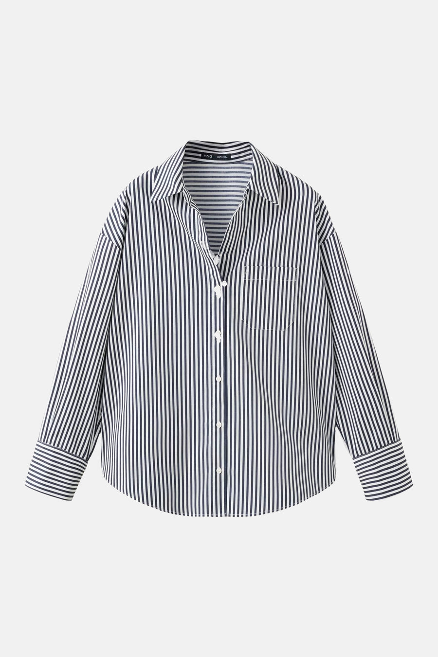 Multicolored long-sleeve striped blouse by MNG with front buttons and chest pocket, front view