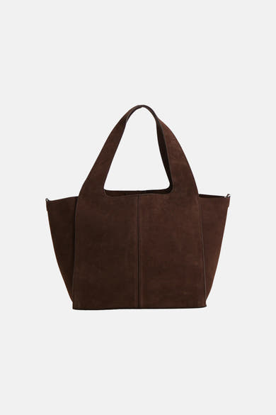 Brown suede shopper bag with structured design and dual top handles, front view