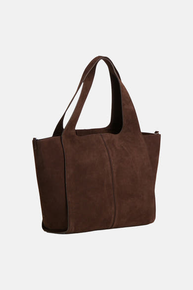 Brown suede shopper bag with structured sides and dual top handles, front view