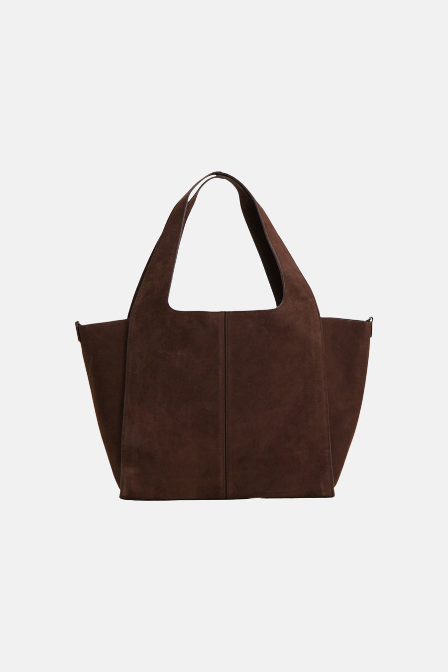 Brown suede shopper bag with structured design and dual top handles, front view